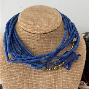Vintage! Cobalt  Beaded Necklace with carved elephant